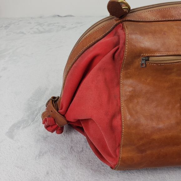 IL Bisonte Candy Leather / Canvas Large Tote Shoulder Bag Red Tan Brown Purse - Picture 3 of 16
